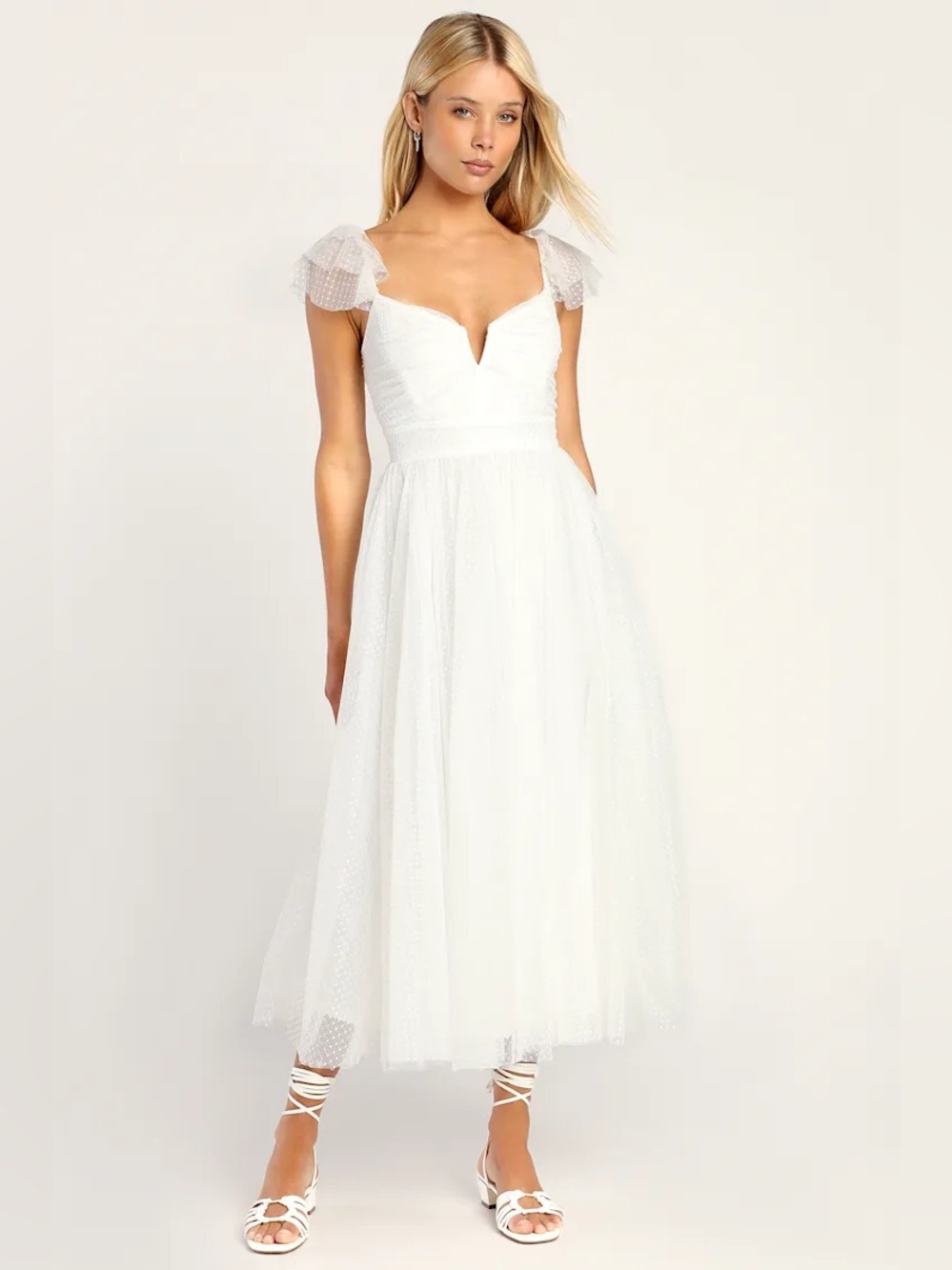 NWT lulus Flirtatious Feeling White Tulle Flutter Sleeve A-Line Midi Dress bride